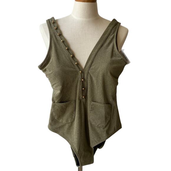 MOEVA Darla One Piece Swimsuit Women L Green Plunge‎ V-neck Pockets Stretch NWT - Picture 1 of 10